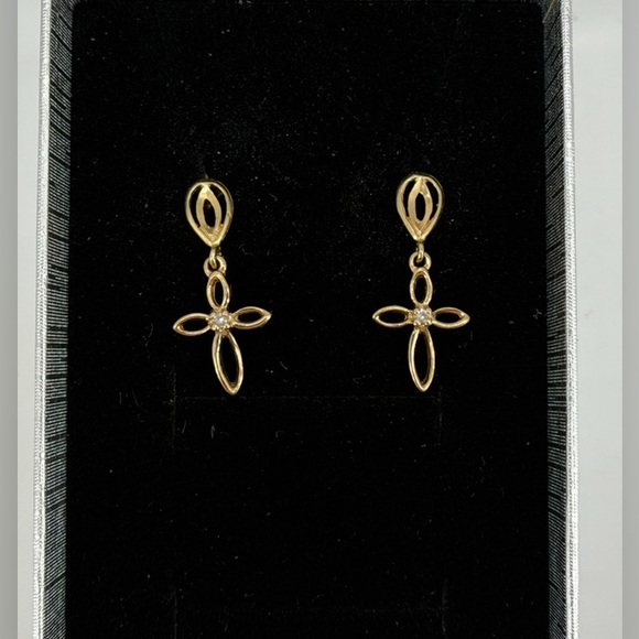 Jewelry - 14K Yellow Gold Cross Drop Earrings CZ Diamond Accent 1.2g Real Gold New